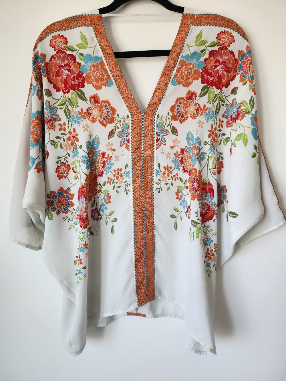 Rose & Olive White Floral Kimono Top with Orange Trim and Multicolor Blooms - Picture 7 of 8